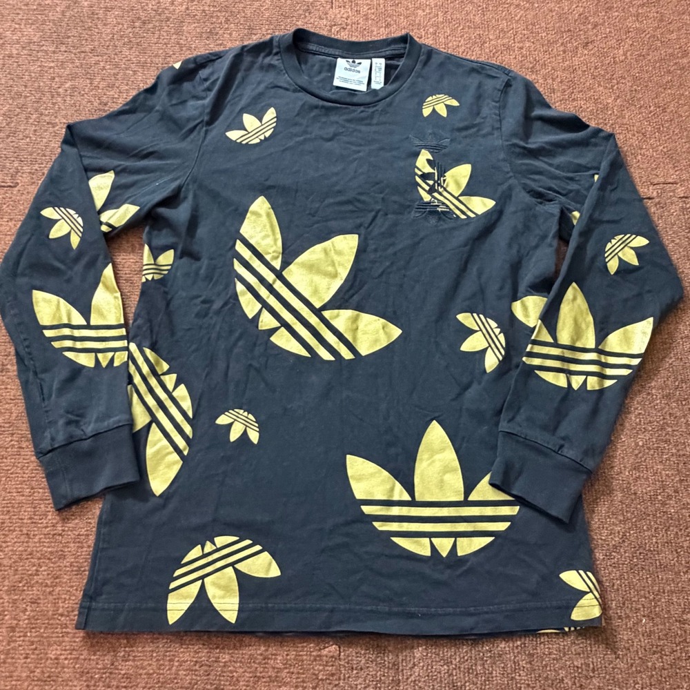 Adidas Originals Womens Long Sleeve T-Shirt Black Gold Trefoil All Over Print S